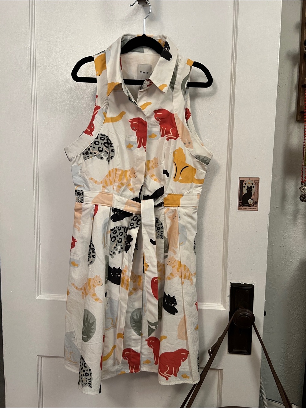 Sleeveless Collared Cat Print Dress in White